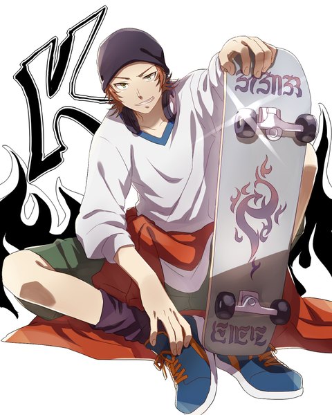 Anime picture 1500x1875 with k-project gohands (studio) misaki yata zoff (daria) single tall image looking at viewer short hair simple background brown hair white background sitting green eyes clothes around waist boy socks shorts headphones black socks cap