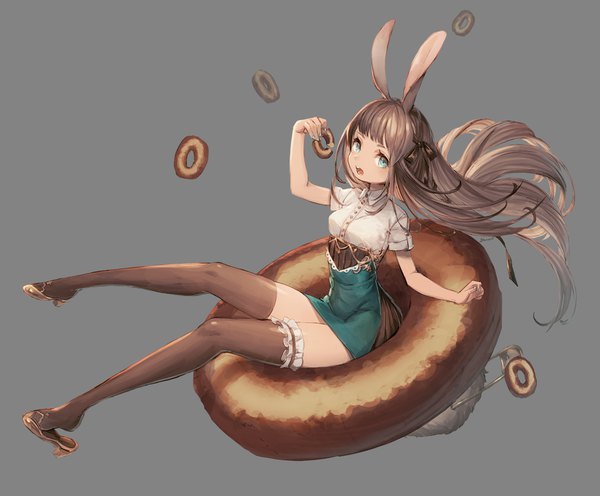 Anime picture 1500x1241 with original yu-ri single long hair looking at viewer fringe blue eyes simple background brown hair animal ears full body blunt bangs grey background short sleeves bunny ears shoe dangle girl thighhighs skirt ribbon (ribbons)