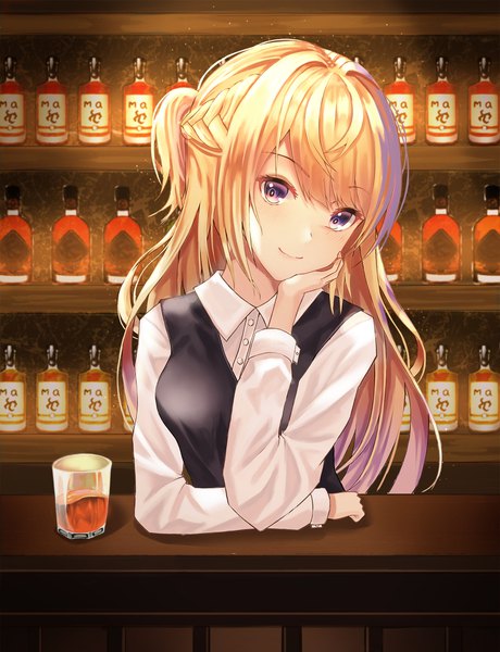 Anime-Bild 1500x1957 mit original cup6542 single long hair tall image looking at viewer blush fringe breasts blonde hair smile hair between eyes purple eyes payot upper body indoors braid (braids) one side up chin rest girl