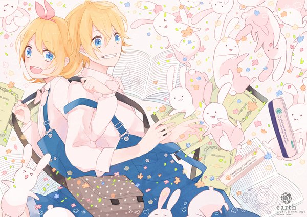 Anime picture 1000x707 with vocaloid kagamine rin kagamine len gomi chiri looking at viewer blush short hair open mouth blue eyes blonde hair twins girl boy bow hair bow book (books) bag bunny overalls