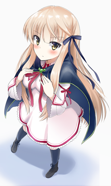 Anime picture 1470x2450 with rewrite senri akane applepletea single long hair tall image blush fringe breasts simple background blonde hair white background twintails yellow eyes full body from above girl dress uniform ribbon (ribbons)