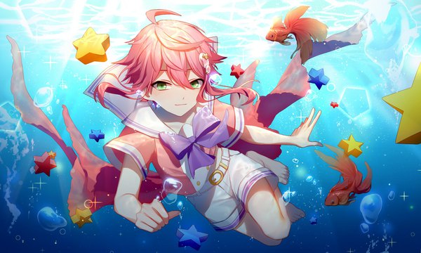 Anime picture 2000x1200 with ensemble stars! himemiya touri asd13 single looking at viewer fringe highres short hair hair between eyes wide image green eyes pink hair full body ahoge barefoot sparkle underwater sailor collar boy animal