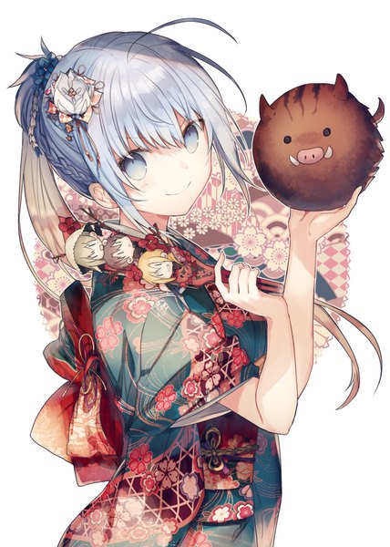 Anime picture 650x910 with shiro seijo to kuro bokushi original haiselita aldridge teigi single long hair tall image looking at viewer fringe simple background smile hair between eyes white background holding payot silver hair ahoge ponytail braid (braids) traditional clothes