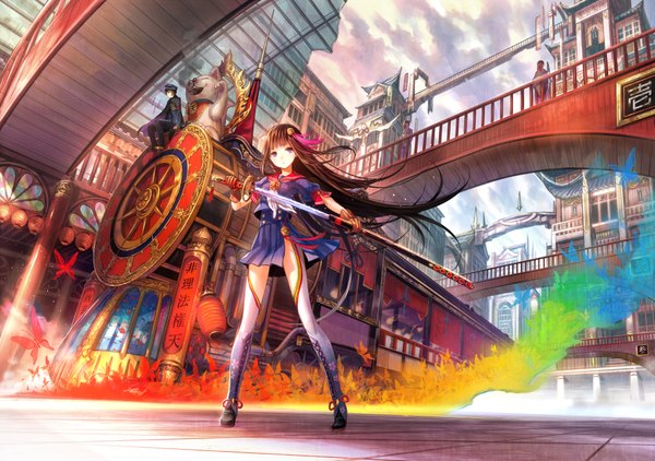Anime picture 1854x1306 with original fuzichoco long hair looking at viewer highres short hair black hair brown hair purple eyes girl boy skirt gloves hair ornament weapon sword katana insect butterfly thigh boots
