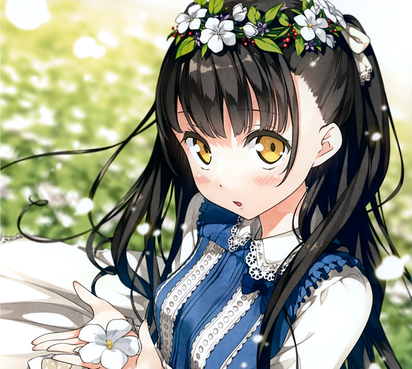 Anime picture 2790x2499 with original nagisa (kantoku) kantoku single long hair looking at viewer blush fringe highres open mouth black hair yellow eyes field cropped girl dress flower (flowers) ribbon (ribbons) hair ribbon petals