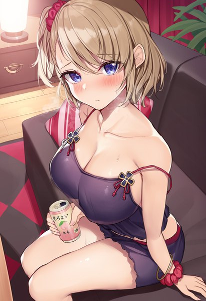Anime picture 800x1165 with azur lane z23 (azur lane) z23 (keeper of the comf-fort) (azur lane) xe (execut3r) single tall image looking at viewer blush fringe short hair breasts blue eyes light erotic hair between eyes brown hair large breasts sitting holding cleavage indoors
