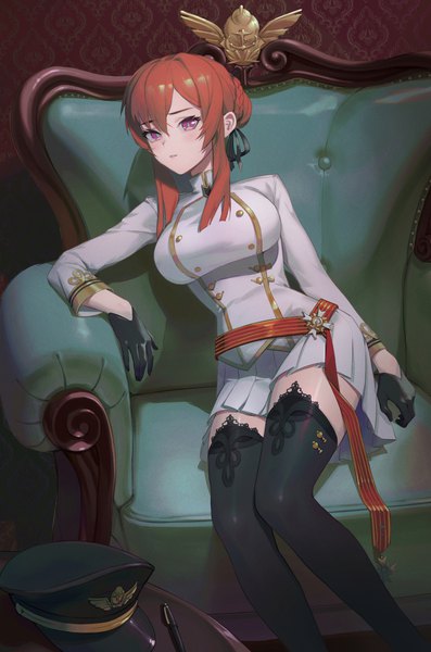 Anime picture 1162x1754 with azur lane monarch (azur lane) inferno (pixiv) single long hair tall image looking at viewer blush fringe breasts hair between eyes large breasts sitting purple eyes payot red hair indoors braid (braids) long sleeves parted lips