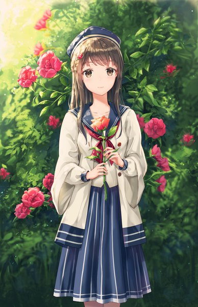 Anime picture 1238x1914 with original lunacle single long hair tall image looking at viewer blush fringe brown hair standing holding brown eyes outdoors pleated skirt light smile wide sleeves girl skirt uniform flower (flowers)