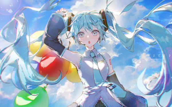 Anime picture 3205x2000 with vocaloid hatsune miku pino ko single looking at viewer highres open mouth wide image twintails sky cloud (clouds) very long hair arm up aqua eyes aqua hair :o girl detached sleeves necktie balloon