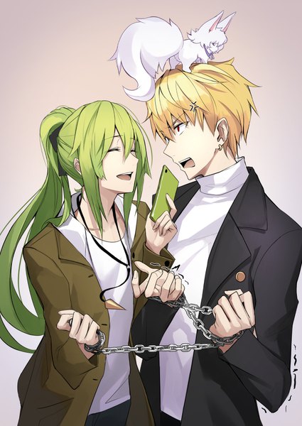 Anime picture 708x1000 with fate (series) fate/grand order fate/strange fake gilgamesh (fate) fou (fate) enkidu (fate) shijiu (adamhutt) long hair tall image fringe short hair open mouth simple background blonde hair smile hair between eyes red eyes ponytail eyes closed profile