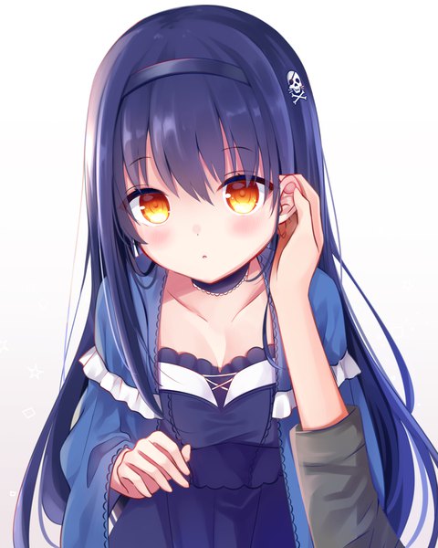 Anime picture 1809x2261 with summer pockets key (studio) kushima kamome yutori z71 long hair tall image blush fringe highres simple background hair between eyes white background yellow eyes blue hair upper body leaning leaning forward solo focus girl hair ornament