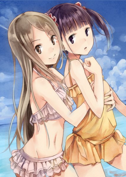 Anime picture 766x1080 with sakura trick studio deen minami shizuku noda kotone pvmivs long hair tall image looking at viewer short hair breasts open mouth blue eyes light erotic blonde hair large breasts twintails multiple girls brown eyes blue hair sky
