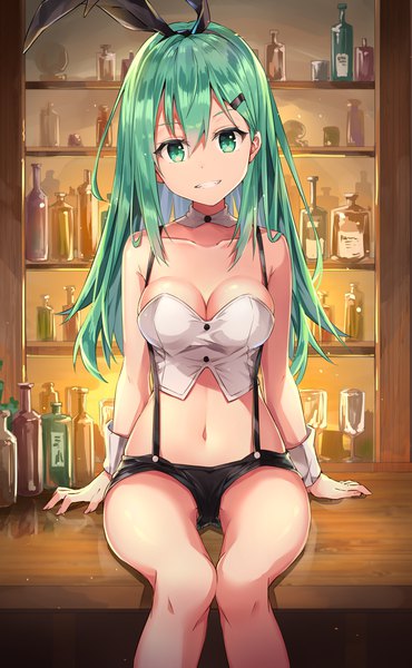 Anime picture 717x1161 with kantai collection suzuya heavy cruiser rin yuu single long hair tall image looking at viewer fringe breasts light erotic hair between eyes large breasts sitting green eyes animal ears cleavage green hair midriff bunny ears fake animal ears