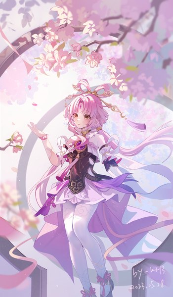 Anime picture 1283x2200 with honkai: star rail honkai (series) fu xuan (honkai: star rail) miaogujun single long hair tall image twintails brown eyes looking away pink hair outdoors cherry blossoms dated hair rings forehead mark girl detached sleeves pantyhose tassel