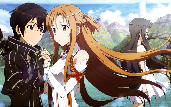 Anime picture 4046x2552 with sword art online a-1 pictures yuuki asuna kirigaya kazuto yui (sao) toya kento long hair highres short hair black hair brown hair multiple girls brown eyes absurdres black eyes scan official art couple holding hands girl