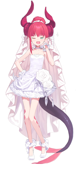 Anime-Bild 1002x2228 mit fate (series) fate/extra fate/extra ccc elizabeth bathory (fate) (all) elizabeth bathory (fate) doremi single tall image short hair open mouth simple background white background bare shoulders green eyes pink hair full body tail one eye closed horn (horns) pointy ears