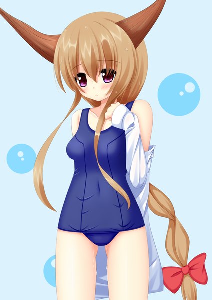 Anime picture 1060x1500 with touhou ibuki suika yoye (pastel white) single long hair tall image light erotic brown hair purple eyes horn (horns) girl bow swimsuit hair bow one-piece swimsuit school swimsuit