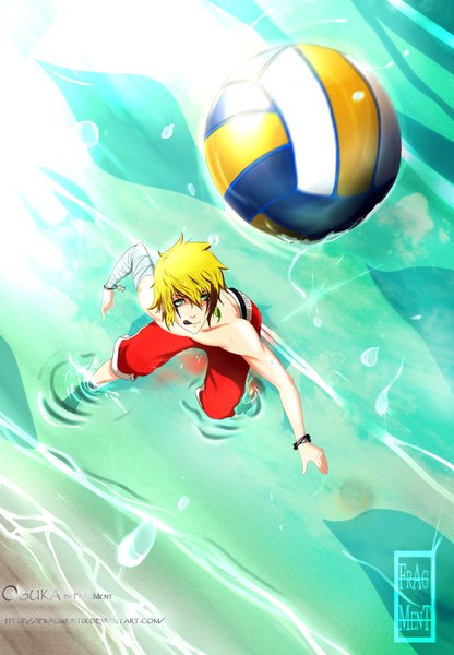 Anime picture 1250x1800 with original ifragmentix single tall image short hair blonde hair green eyes from above inscription coloring light muscle boy water tongue bandage (bandages) ball splashes volleyball ball