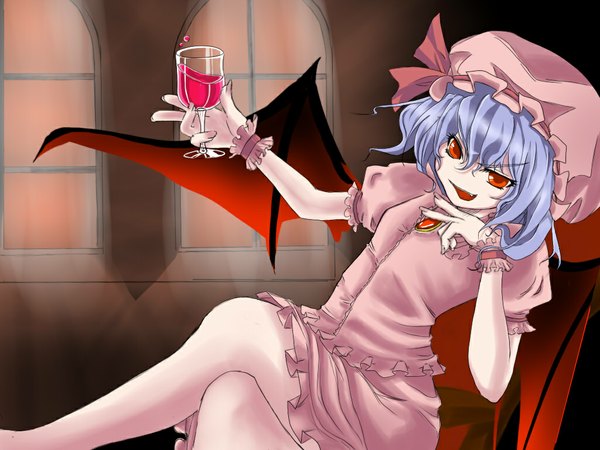 Anime picture 1024x768 with touhou remilia scarlet short hair blue hair crossed legs bat wings girl ribbon (ribbons) hat wings glass wine glass wine panda90 (pixiv)