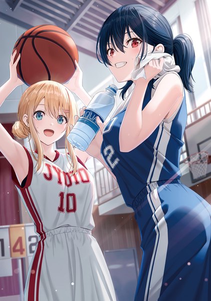 Anime picture 1406x2000 with original hyuuga azuri tall image looking at viewer blush fringe short hair open mouth blue eyes smile hair between eyes red eyes standing multiple girls holding payot ponytail indoors :d arms up