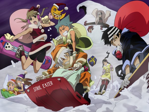 Anime picture 1600x1200 with soul eater studio bones maka albarn death the kid black star nakatsukasa tsubaki elizabeth thompson patricia thompson franken stein spirit (death scythe) sonechka multiple girls multicolored hair two-tone hair multiple boys streaked hair christmas winter snow girl