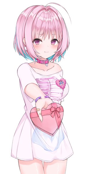 Anime picture 1915x3911 with idolmaster idolmaster cinderella girls yumemi riamu okappa (bobbed001) single tall image looking at viewer fringe highres short hair breasts simple background white background pink hair ahoge pink eyes multicolored hair light smile two-tone hair colored inner hair