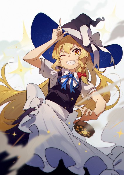 Anime picture 1140x1613 with touhou kirisame marisa hua ben wuming single long hair tall image looking at viewer fringe blonde hair hair between eyes signed yellow eyes braid (braids) sparkle from below twitter username side braid clenched teeth girl hat
