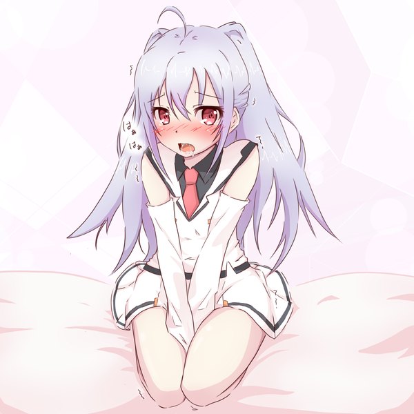 Anime picture 3000x3000 with plastic memories isla (plastic memories) yasai yuuki (artist) single long hair blush highres open mouth light erotic red eyes sitting twintails looking away silver hair ahoge embarrassed saliva between legs peeing girl