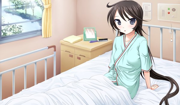 Anime picture 1024x600 with kono sekai no mukou de single long hair blush black hair wide image game cg black eyes girl bed pajamas