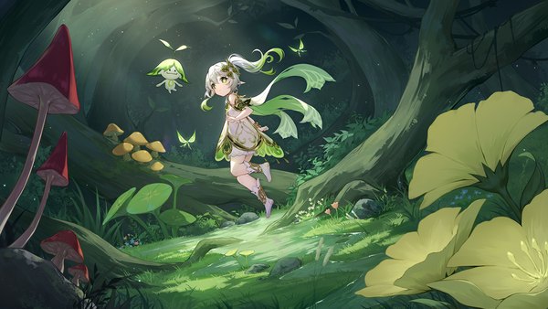 Anime picture 1920x1080 with genshin impact nahida (genshin impact) crystalfly (genshin impact) aranara (genshin impact) panpanmeiyou hp single long hair fringe highres hair between eyes wide image green eyes silver hair full body outdoors side ponytail girl plant (plants) tree (trees) insect