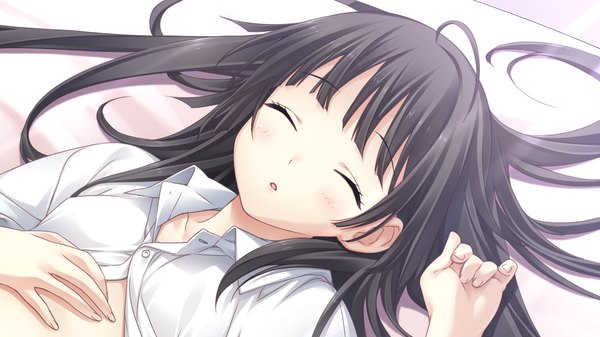 Anime picture 1280x720 with hotch kiss giga sumiyoshi nana mikoto akemi long hair blush black hair wide image game cg eyes closed sleeping girl shirt