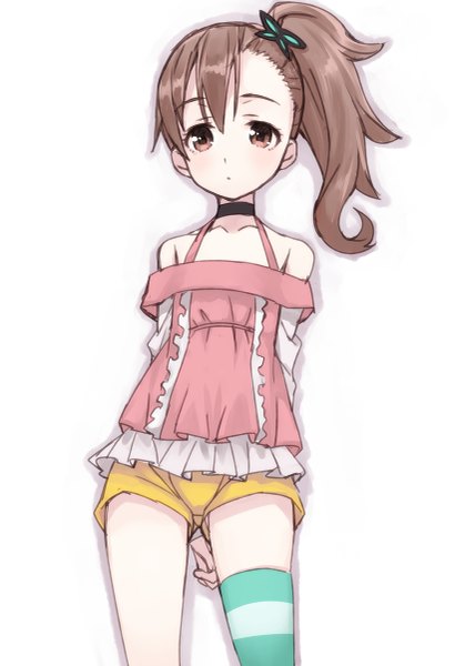 Anime picture 821x1200 with chousoku henkei gyrozetter inaba rinne matsuryuu single long hair tall image looking at viewer blush simple background brown hair white background bare shoulders brown eyes side ponytail hands behind back girl thighhighs hair ornament choker shorts