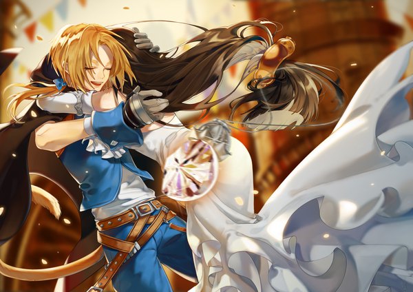 Anime picture 3507x2480 with final fantasy final fantasy ix square enix zidane tribal garnet til alexandros xvii simite long hair highres open mouth blonde hair smile brown hair bare shoulders absurdres outdoors tail eyes closed animal tail depth of field floating hair