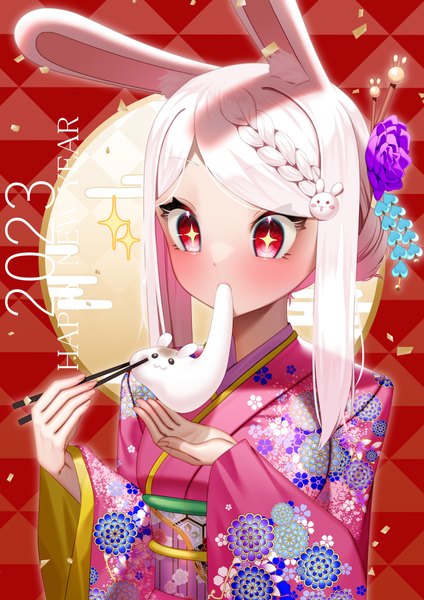 Anime picture 2894x4093 with original seele0907 single long hair tall image blush highres red eyes animal ears looking away white hair traditional clothes japanese clothes hair bun (hair buns) bunny ears floral print bunny girl eating new year happy new year