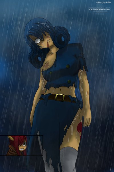 Anime picture 1999x3000 with fairy tail erza scarlet juvia lockser ioshik long hair tall image fringe highres light erotic green eyes blue hair red hair black eyes hair over one eye midriff wet tattoo torn clothes coloring drill hair