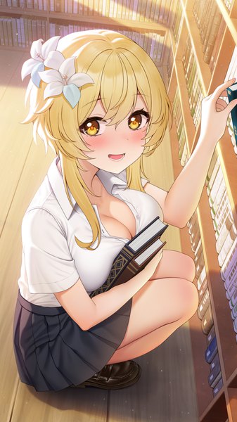 Anime picture 2480x4409 with genshin impact lumine (genshin impact) fukuro ko (greentea) single long hair tall image looking at viewer blush fringe highres breasts open mouth light erotic blonde hair hair between eyes large breasts holding yellow eyes cleavage full body