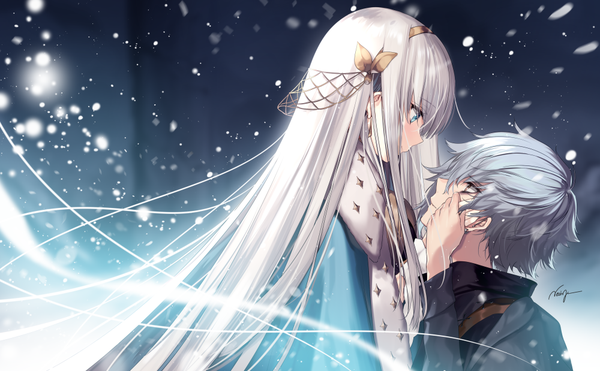Anime picture 1000x619 with fate (series) fate/grand order anastasia (fate) kadoc zemlupus necomi (gussan) long hair fringe short hair blue eyes hair between eyes wide image brown eyes signed silver hair upper body long sleeves profile couple snowing face to face