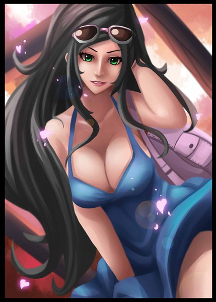 Anime picture 900x1258 with one piece toei animation nico robin ari rayoko single long hair tall image looking at viewer breasts light erotic black hair large breasts bare shoulders green eyes payot cleavage parted lips light smile lens flare border