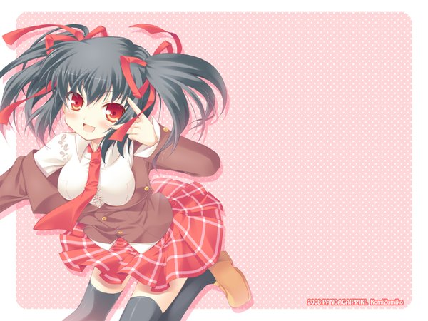 Anime picture 1600x1200 with komi zumiko black hair smile red eyes thighhighs skirt ribbon (ribbons) serafuku