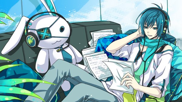 Anime picture 1280x720 with vocaloid kaito (vocaloid) single short hair blue eyes smile wide image blue hair sky cloud (clouds) light smile city reclining music boy plant (plants) necktie window headphones scarf