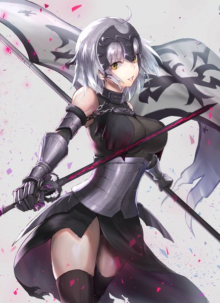 Anime picture 3411x4690 with fate (series) fate/grand order jeanne d'arc (fate) (all) jeanne d'arc alter (fate) yu-hi single tall image looking at viewer fringe highres short hair breasts light erotic simple background smile hair between eyes large breasts standing bare shoulders holding