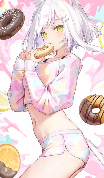 Anime picture 668x1141 with original mignon single tall image looking at viewer fringe short hair standing bare shoulders holding animal ears yellow eyes white hair tail long sleeves animal tail cat ears arms up cat girl cat tail