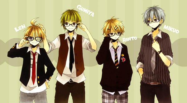 Anime picture 1150x640 with vocaloid kagamine len hatsune mikuo gumo kagamine rinto tagme (artist) short hair open mouth blue eyes blonde hair smile wide image silver hair one eye closed wink multiple boys bespectacled boy shirt glasses