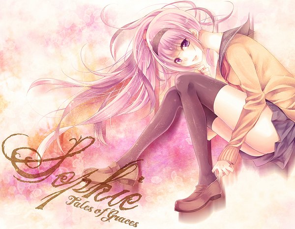 Anime picture 1170x910 with tales of (series) tales of graces sophie (tales) ragi (pluie) yucali single long hair purple eyes purple hair copyright name character names girl thighhighs black thighhighs serafuku shoes hairband