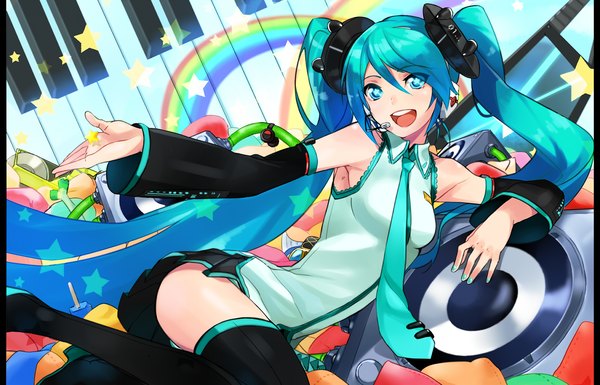 Anime picture 1842x1181 with vocaloid hatsune miku nana g single long hair looking at viewer highres open mouth smile sitting twintails lying nail polish aqua eyes aqua hair zettai ryouiki symbol-shaped pupils on side arched back girl