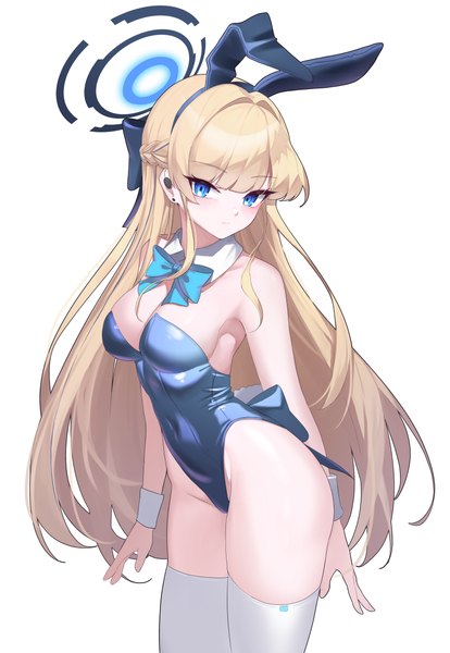 Anime picture 3425x4961 with blue archive toki (blue archive) toki (bunny) (blue archive) iznal single long hair tall image looking at viewer blush fringe highres breasts blue eyes light erotic simple background blonde hair smile large breasts standing white background
