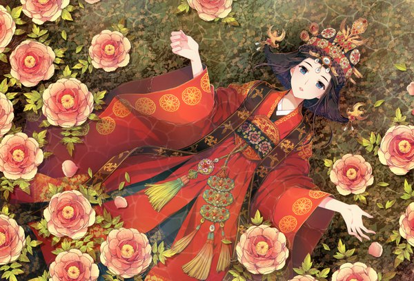 Anime-Bild 2600x1762 mit original nardack single looking at viewer highres short hair blue eyes black hair lying long sleeves traditional clothes parted lips wide sleeves on back lipstick partially submerged pink lipstick korean clothes girl flower (flowers)