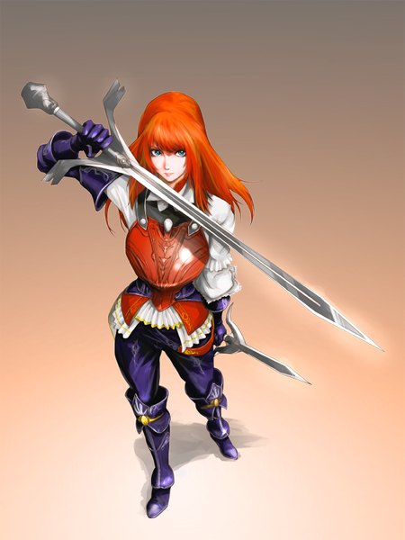 Anime picture 1200x1600 with granado espada agahat (artist) single long hair tall image looking at viewer fringe blue eyes simple background holding orange hair gradient background dual wielding girl gloves weapon sword armor thigh boots