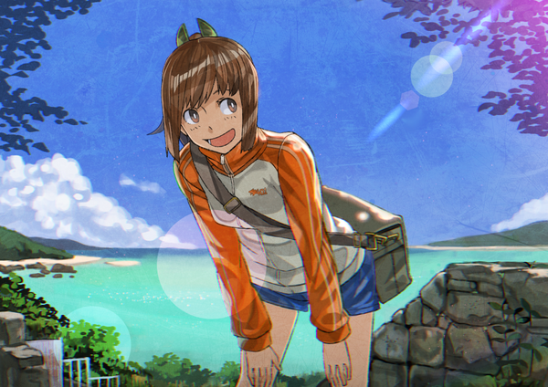 Anime picture 1023x724 with kantai collection i-401 aircraft carrying submarine rano single fringe short hair open mouth brown hair brown eyes payot looking away sky cloud (clouds) ponytail :d sunlight leaning leaning forward mountain sunbeam