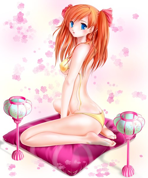 Anime picture 1600x1920 with honey coming kamijou asahi miharin (artist) single long hair tall image blue eyes light erotic sitting orange hair girl swimsuit bikini pillow